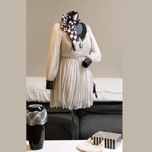 Pleated Long-Sleeve Black and White/Cream Polka Dot Fit and Flare Dress Medium